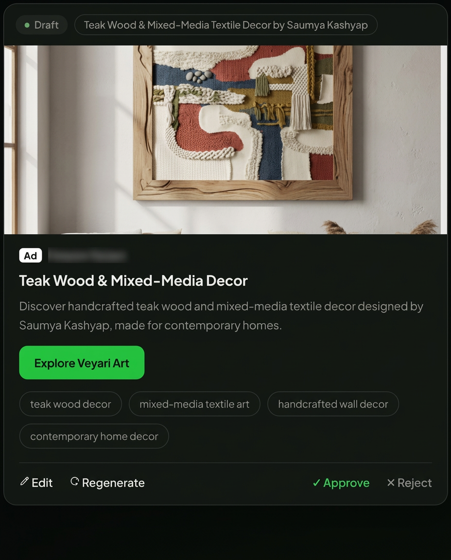 Draft ad: Teak Wood and Mixed-Media Decor, ready for review